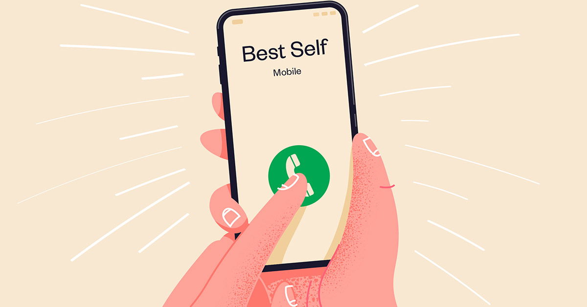 A hand holding a phone. a call from your best self